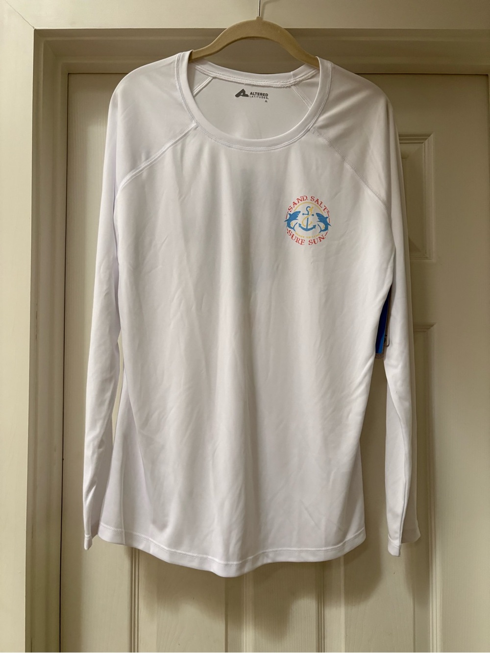 White Long-Sleeve Performance Tee with Blue & Coral Logo